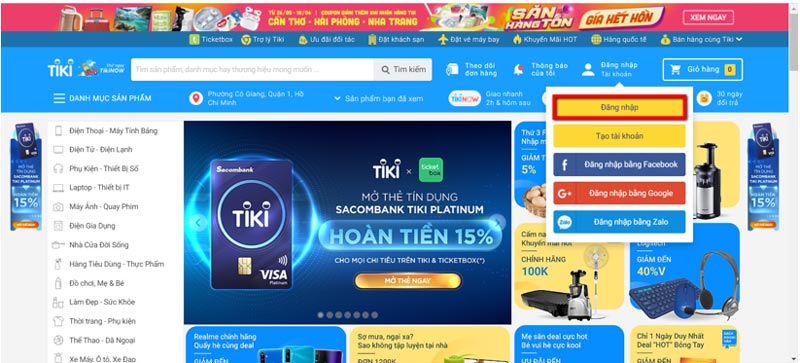  Đăng nhập tài khoản Tiki trên website