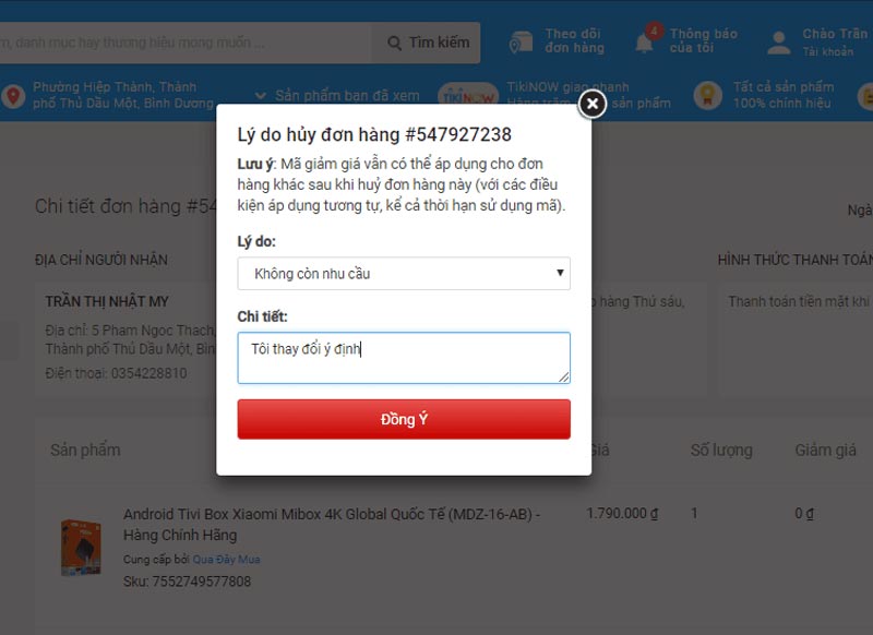 Chọn lý do hủy đơn hàng trên Tiki