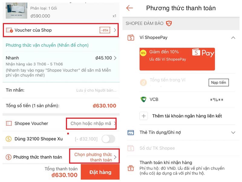 Chọn voucher, xu, hình thức thanh toán