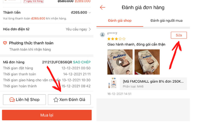 Cách chỉnh sửa đánh giá trên Shopee